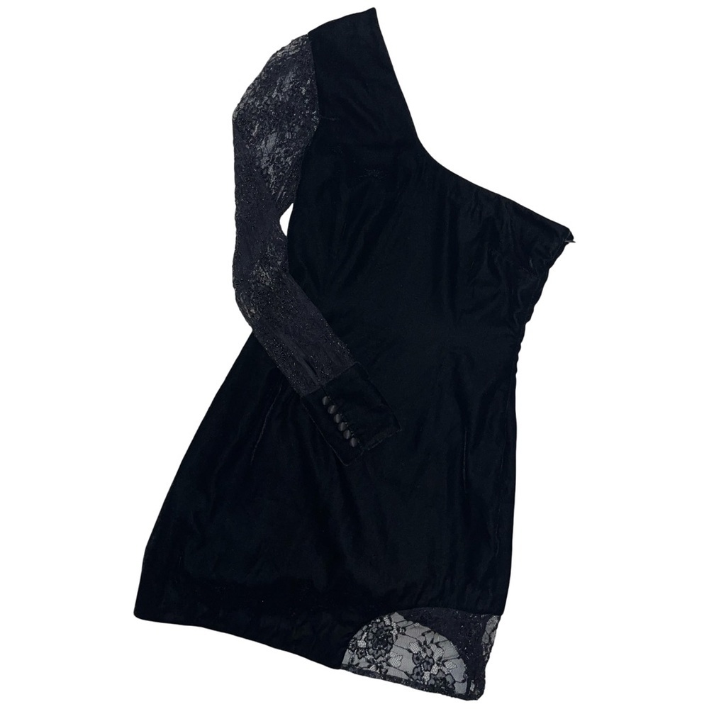 Retrofete | One Sleeve Mini Dress with Lace in Black Velvet - Size Small (New) - Picture 5 of 8